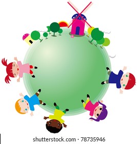 Illustration of group of children around the earth