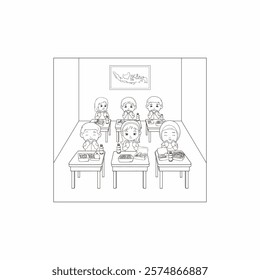 Illustration of a group of children with diverse appearances gathered in a classroom, praying. A detailed black and white line art depiction ideal for educational, cultural, or instructional content.