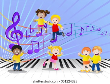illustration of a group of children in front of bright music notes background