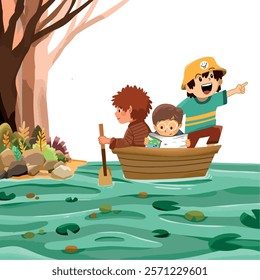 Illustration of a group of children riding a boat on a lake exploring nature. Ideal kids design, for fabric, wrapping, textile, wallpaper, apparel