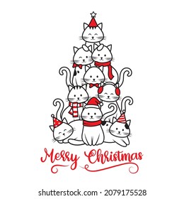 Illustration of group Christmas cats. Holiday kitten. Funny greeting card for pet lovers. Pyramid of xmas tree cats.