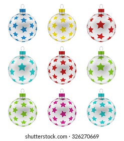 Illustration Group Christmas Colorful Glass Balls with Texture of Stars, Isolated on White Background - Vector