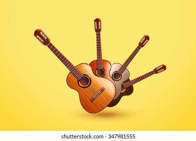 illustration of group of classic wooden guitars on yellow background