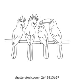 An illustration of a group cockatoo and toucan on branch