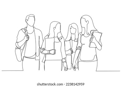 Illustration of group of college students walking together. Single line art style
