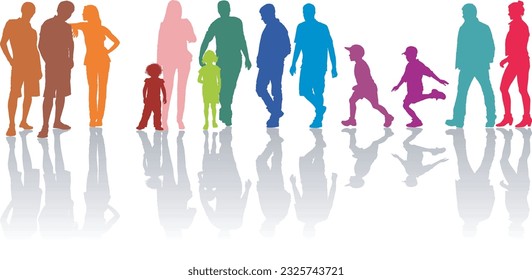 Illustration of group of color silhouettes of parents with children