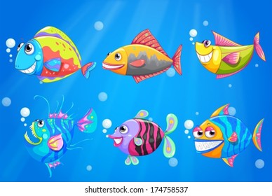 Illustration of a group of colorful smiling fishes