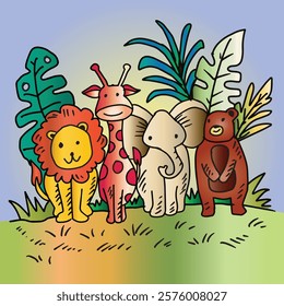 Illustration of a group of cute cartoon animals in the garden.