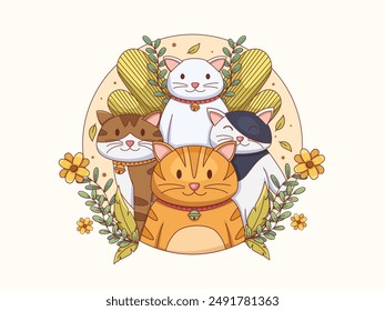 illustration of a group of cute cartoon cats. Each cat has a unique color and pattern. The cats are surrounded by decorative floral elements.
Suitable for cards, book illustrations,  book covers, soci