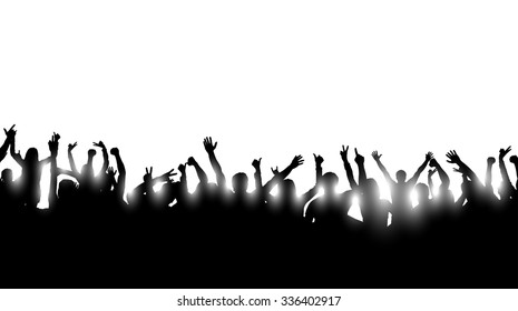 illustration of a group of dancing silhouettes of people with shining light