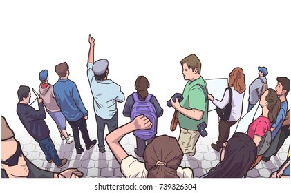 Illustration of group of demonstrators protesting in perspective in color