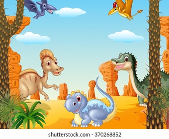 Illustration of group dinosaur in the prehistoric background