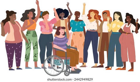 Illustration of a group diverse women, each with different body type and race. Women power, feminism, empowerment, diversity and body positive