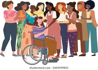 Illustration of a group diverse women, each with different body type and race. Women power, feminism, empowerment, diversity and body positive