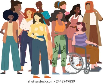 Illustration of a group diverse women, each with different body type and race. Women power, feminism, empowerment, diversity and body positive