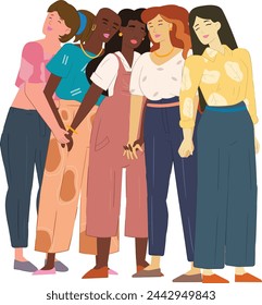 Illustration of a group diverse women, each with different body type and race. Women power, feminism, empowerment, diversity and body positive