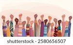 Illustration with group of diverse women raising fists. Diversity - inclusion - equality - girl power or empowerment concept. International women s day. Banner copy space
