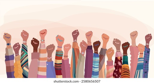 Illustration with group of diverse women raising fists. Diversity - inclusion - equality - girl power or empowerment concept. International women s day. Banner copy space