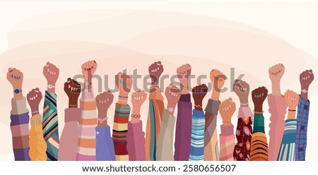 Illustration with group of diverse women raising fists. Diversity - inclusion - equality - girl power or empowerment concept. International women s day. Banner copy space