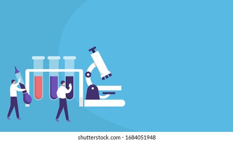 ilustración de un grupo de médicos o científicos que realizan pruebas de muestreo o toman muestras para realizar experimentos. tubos de laboratorio, microscopios y personas pequeñas. diseño plano. Se puede utilizar para las páginas de inicio
