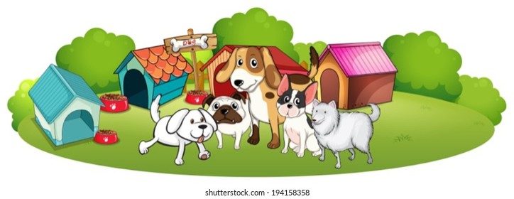 Illustration of a group of dogs gathering in front of their house on a white background