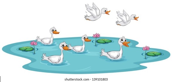 Illustration of a group of ducks at the pond on a white background