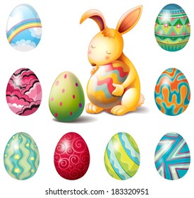 Illustration of a group of Easter eggs and a sweet bunny on a white background