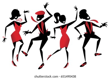 Illustration Of A Group Of Energetic Retro Styled Jazz Dancers.