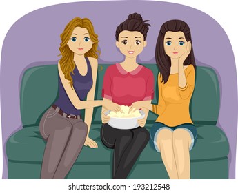 Illustration of a Group of Female Teenagers Watching Movie Together