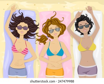 Illustration of a Group of Female Teens Sunbathing at the Beach