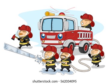 Illustration of a Group of Firemen Working Together to Put Out a Large Fire