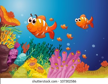 illustration of group of fish in a blue water