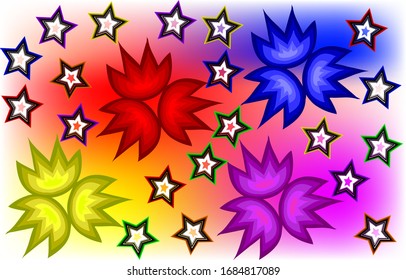 illustration of a group of flowers color red, blue, yellow and purple around a stars on a colorful background