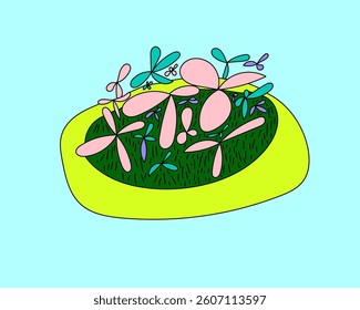 a illustration of  a group of flowers in a free-form yellow tray
