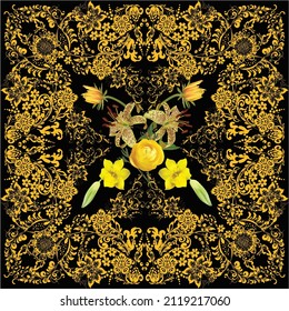 ilustración con grupo de flores en patrón oro