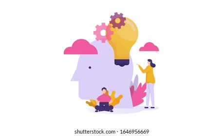 ilustración, un grupo encontró una cabeza grande y una bombilla que simboliza una nueva idea. Concepto de trabajo en equipo, ideas innovadoras de negocios, brainstorming. Se puede utilizar para, páginas de inicio, plantillas, UI, web.