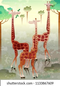 Illustration of a Group of Giraffe Called Herd. Collective Noun eps10