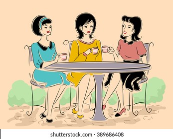 Illustration of a Group of Girls in Retro Clothing Having Tea at an Outdoor Cafe