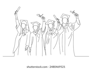 An Illustration of a group of graduated students rising their hand with the certificate paper on their hand 