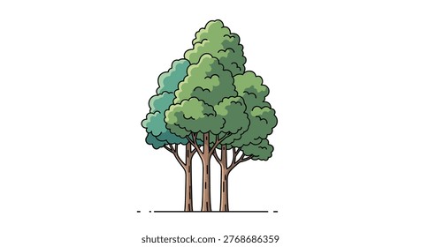 Illustration of a group of green deciduous trees growing closely together representing a small forest or park environment area.