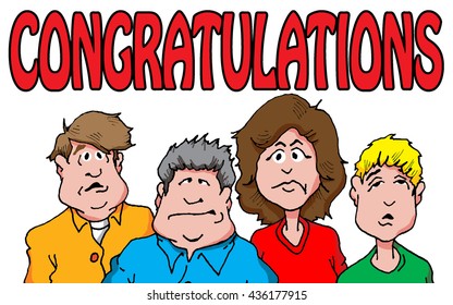 Illustration of a group grumpy bored looking people wishing congratulations 