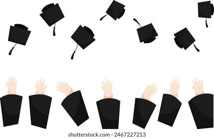 An illustration of a group of hands throwing a graduation cap on white background