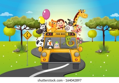 Illustration of a group of happy animals traveling