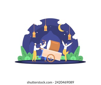 Ilustración de un grupo de hombres musulmanes felices que están golpeando a un bedug. Despertaron a la gente por suhoor usando tambor. Diseño conceptual Ilustración del tema Ramadán, Eid al-Fitr, Eid al-Adha, Islam. elemento gráfico