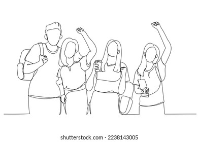 Illustration of group of happy students raise hands to the air celebrating. Single continuous line art
