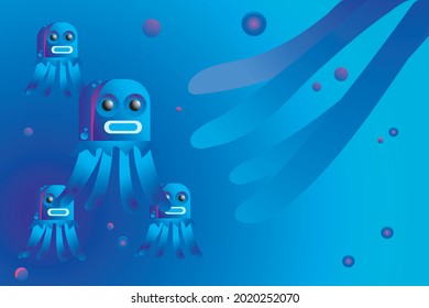illustration of a group of jellyfish who are fascinated by jellyfish that are bigger than them. Design illustration