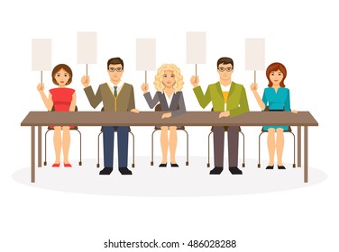 Illustration of a group of judges with tablets. Jury. Blank template for text