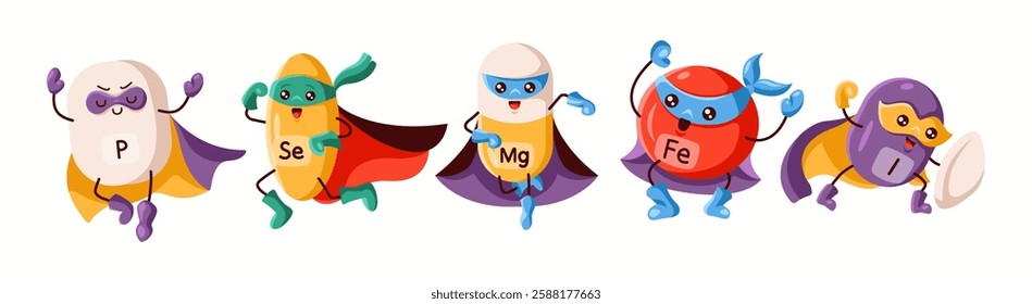 Illustration of a group of key trace elements, including phosphorus, selenium, magnesium, iron, and iodine, dressed as superheroes for health representation.