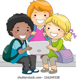 Illustration Of A Group Of Kids Checking A Computer Tablet Together