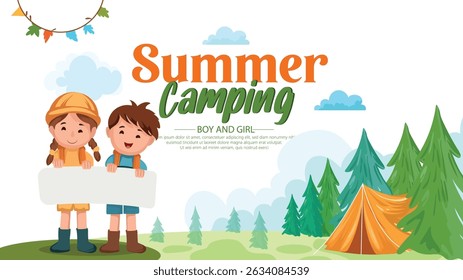 Illustration Of Group Of Kids Enjoying Summer Camping Adventures Outdoor Activities, Fun Adventures, And A Cheerful Group Bonding Experience In A Summer Setting.